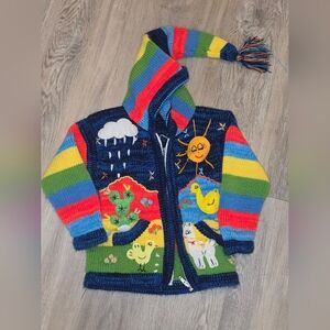 Peruvian Sweater Hoodie Girls Small Alpaca Animal Scene Lamb Bunny Full Zip